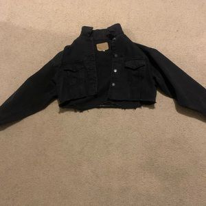 Distressed cropped black jean jacket